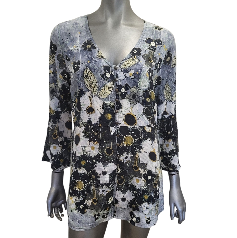 33. Simply Art by Dolcezza Floral V-Neck Women's Top - Black and Gold - Sz Med